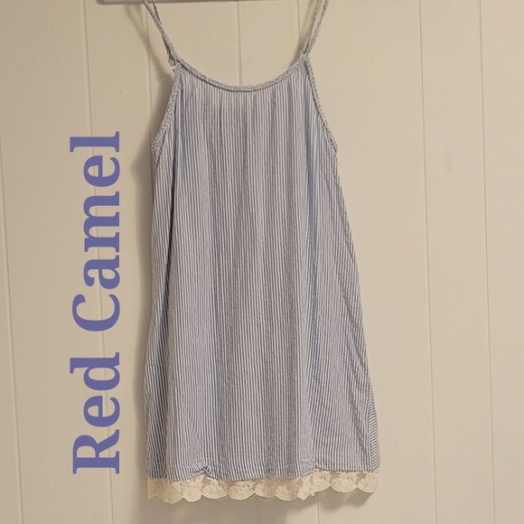 ❣️HP❣️Red Camel cotton seersucker adjustable straps & lace sundress sz:S - Picture 2 of 6